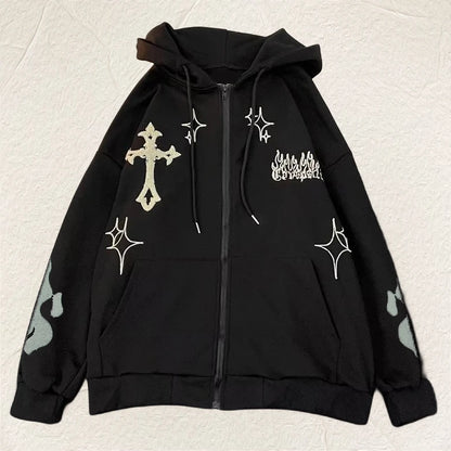 European and American Autumn/Winter Hoodie Embroidered Cross Flame Coat Plush Couple Loose Top Sweater