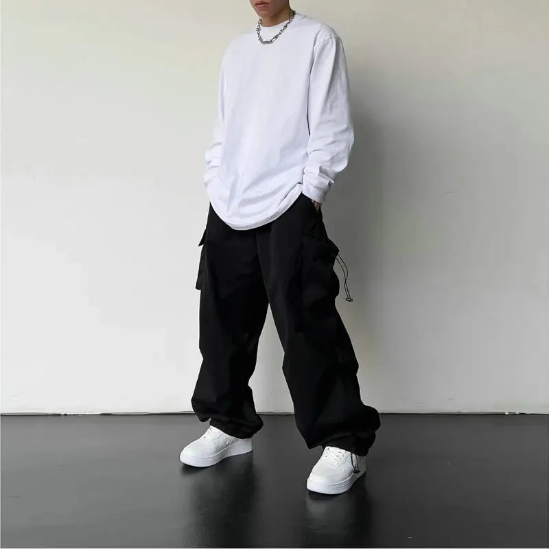American Style Casual Pants Cargo Trousers High Street Drawstring Workwear Trendy Loose Versatile Straight Wide-Leg Casual Pants