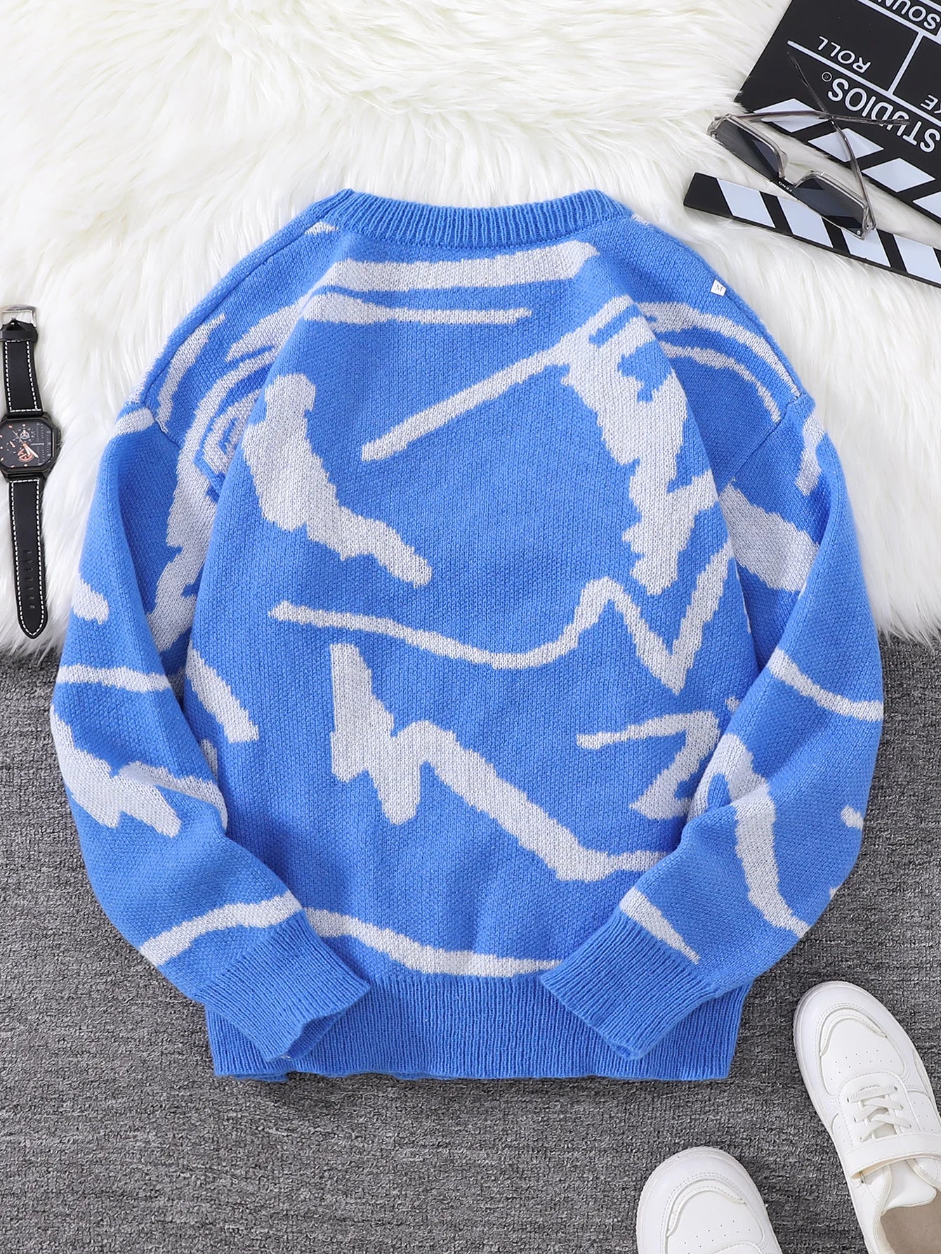 Spring Autumn Graffiti Jacquard Pattern Pullover Sweater Casual Round Neck Contrast Color Knitted Pullover