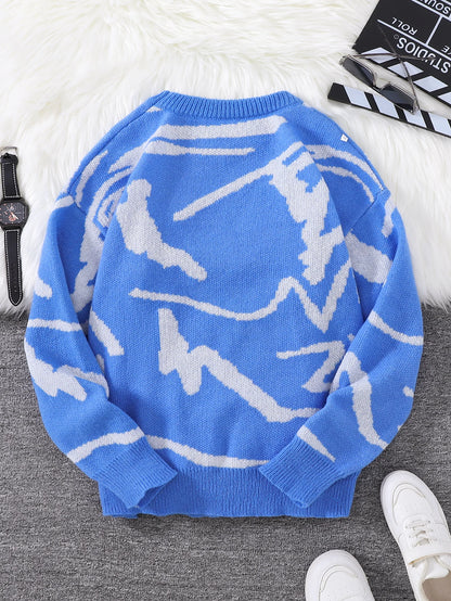 Spring Autumn Graffiti Jacquard Pattern Pullover Sweater Casual Round Neck Contrast Color Knitted Pullover