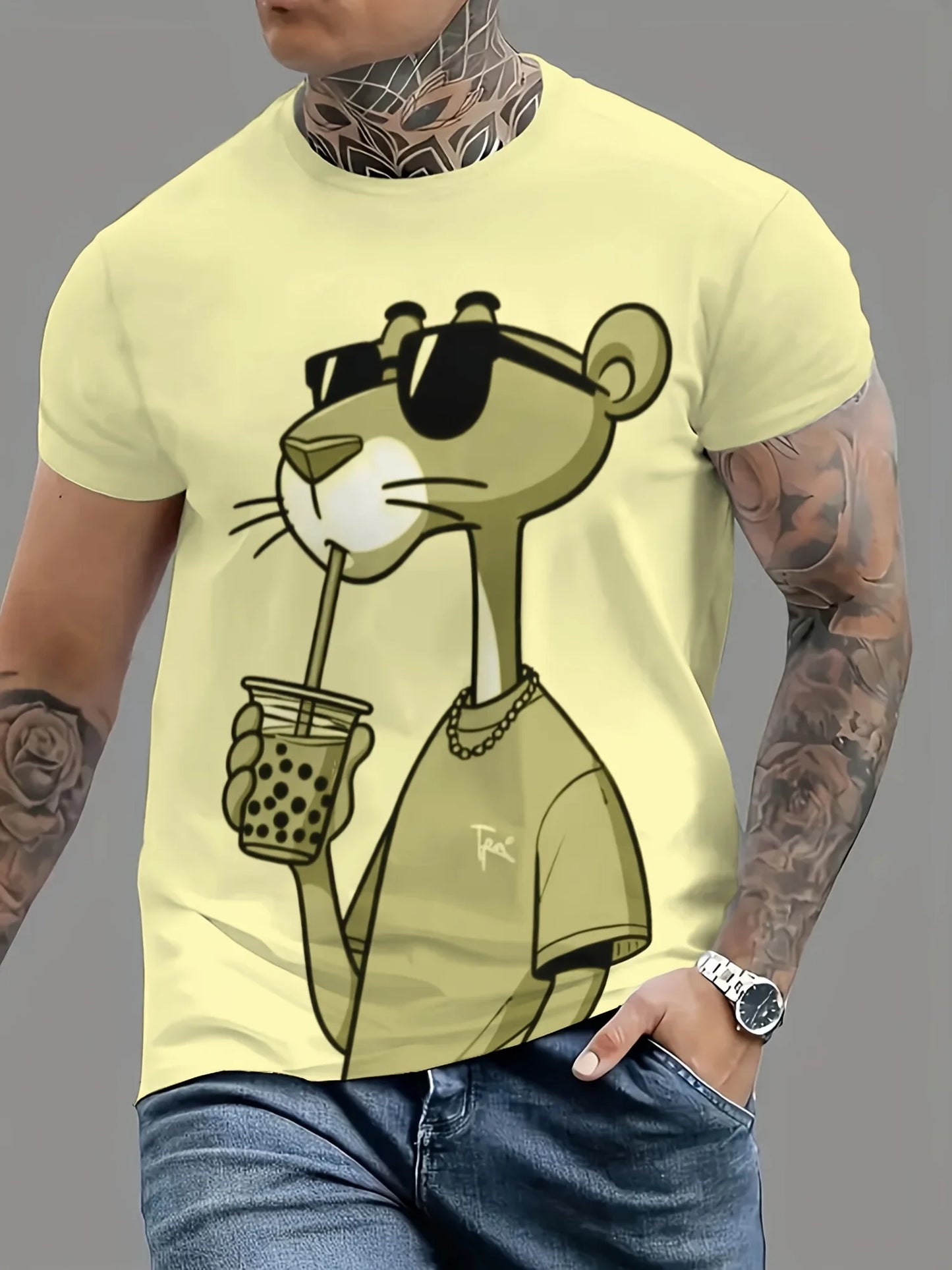 Summer New Mens T-shirts Cartoon Pink Panther Print Short Sleeve O-neck Tees Casual Loose Daily Sports Oversized Unisex Tops