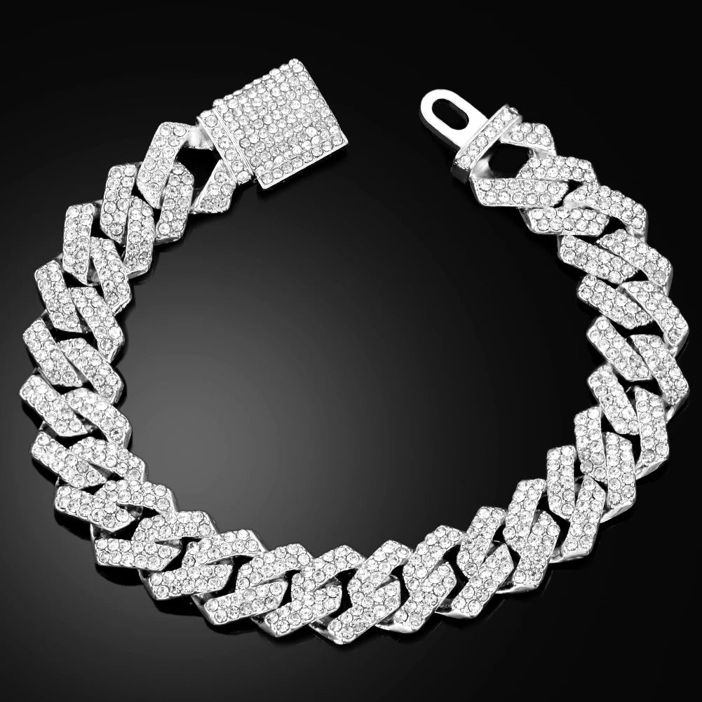 7/8/9inch 14MM Cuban Link Chain Bracelets Women Men Rhinestone Paved Prong Cuban Chain Bracelet Wristband Hip Hop Jewelry