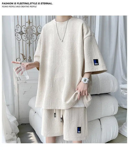 3D new Waffle TZ30 Summer Suit  Casual T-shirt + Shorts Suit Tracksuit Solid color tracksuit loose suit