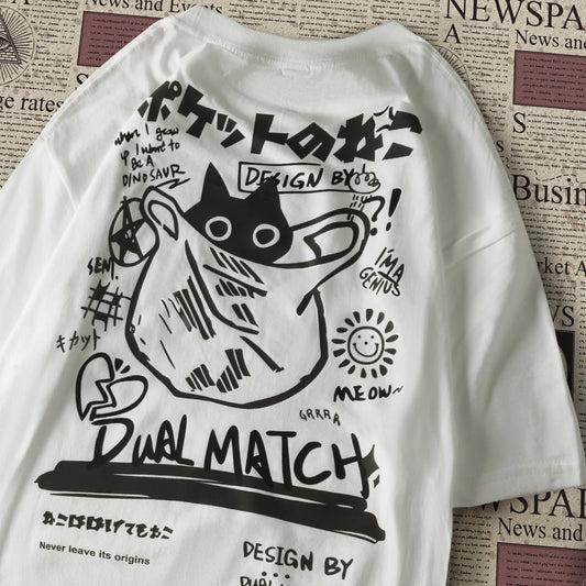 Men Women Cartoon T-Shirts Summer Harajuku Kawaii Cat Printed Short Sleeve Tees Couple Streetwear Loose Clothes Y2K Tops