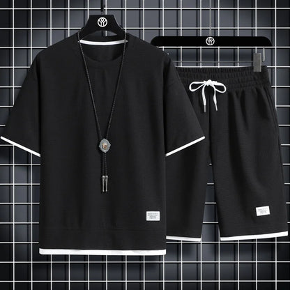 Summer Men's Waffle Sets Casual T-Shirt And Shorts Set Male Sports Suit Solid Color Tracksuit Loose Suits
