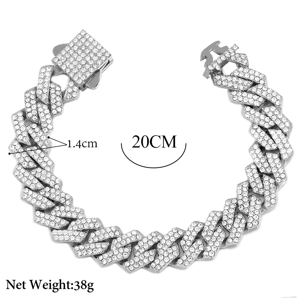 7/8/9inch 14MM Cuban Link Chain Bracelets Women Men Rhinestone Paved Prong Cuban Chain Bracelet Wristband Hip Hop Jewelry