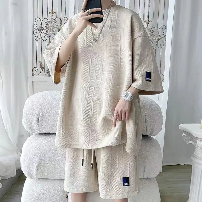 3D new Waffle TZ30 Summer Suit  Casual T-shirt + Shorts Suit Tracksuit Solid color tracksuit loose suit