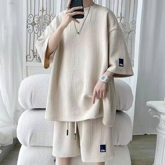 3D new Waffle TZ30 Summer Suit  Casual T-shirt + Shorts Suit Tracksuit Solid color tracksuit loose suit
