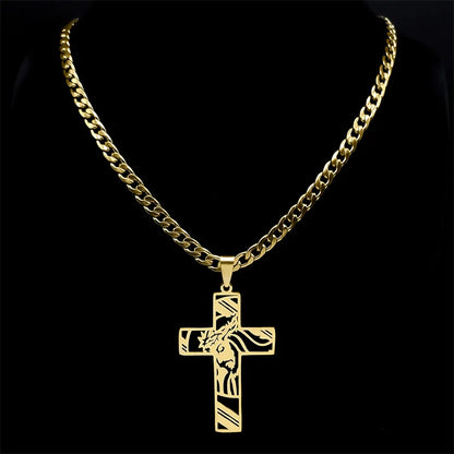 Hip Hop Punk Crown of Thorns Jesus Cross Necklace for Men Stainless Steel Gold Plated Crucifix Pendant Necklaces Jewelry N8052