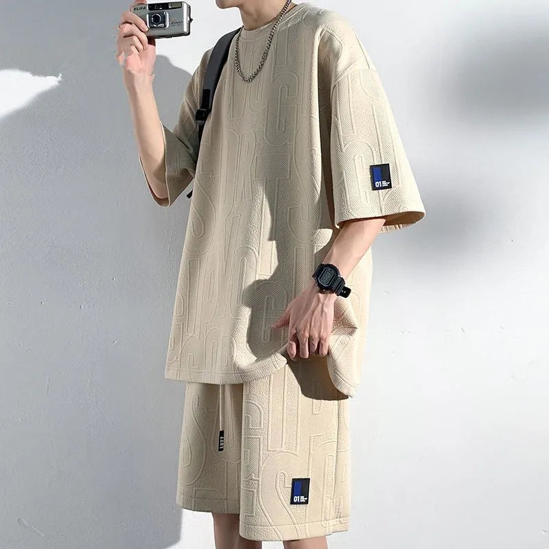 3D new Waffle TZ30 Summer Suit  Casual T-shirt + Shorts Suit Tracksuit Solid color tracksuit loose suit