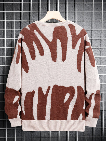 Autumn Winter Irregular Jacquard Pattern Pullover Sweater Casual Round Neck Contrast Color Knitted Pullover