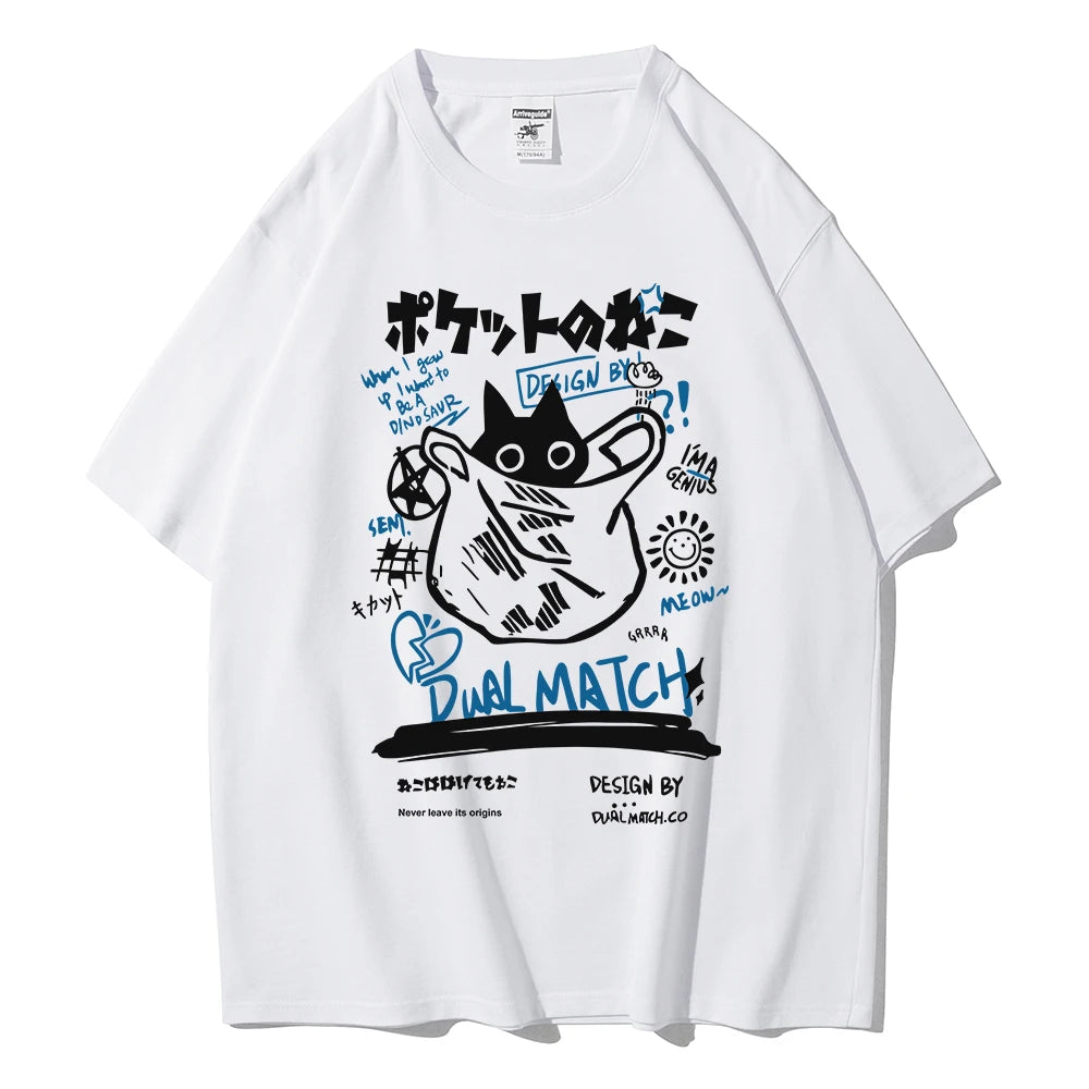 Men Women Cartoon T-Shirts Summer Harajuku Kawaii Cat Printed Short Sleeve Tees Couple Streetwear Loose Clothes Y2K Tops