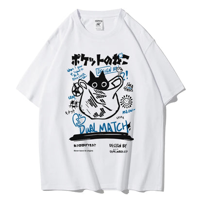Men Women Cartoon T-Shirts Summer Harajuku Kawaii Cat Printed Short Sleeve Tees Couple Streetwear Loose Clothes Y2K Tops