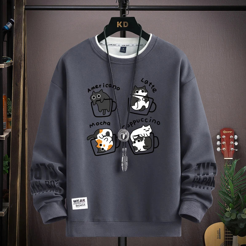 Spring Men's Sweatshirt Japan Cartoon Cats Printed Long Sleeve T-shirt Fashion Men's Clothing Khaki O Neck Harajuku Top