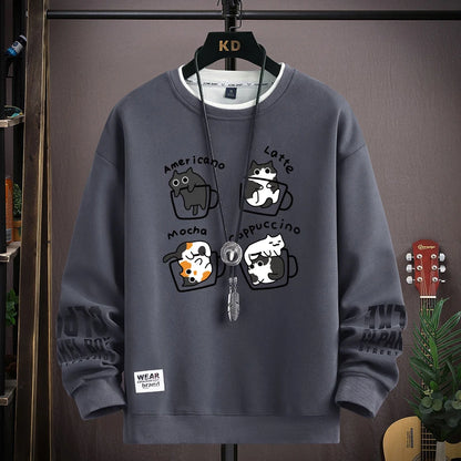 Spring Men's Sweatshirt Japan Cartoon Cats Printed Long Sleeve T-shirt Fashion Men's Clothing Khaki O Neck Harajuku Top