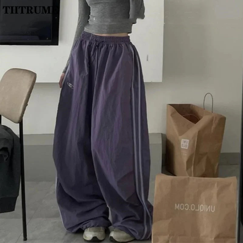 Oversized Hip Hop Baggy Pants Fashion Women Striped Pocket Elastic High Waist Cargo Pant Streetwear Sweatpant Loose New Trousers