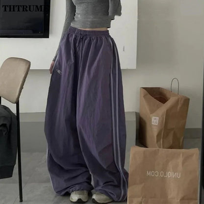 Oversized Hip Hop Baggy Pants Fashion Women Striped Pocket Elastic High Waist Cargo Pant Streetwear Sweatpant Loose New Trousers