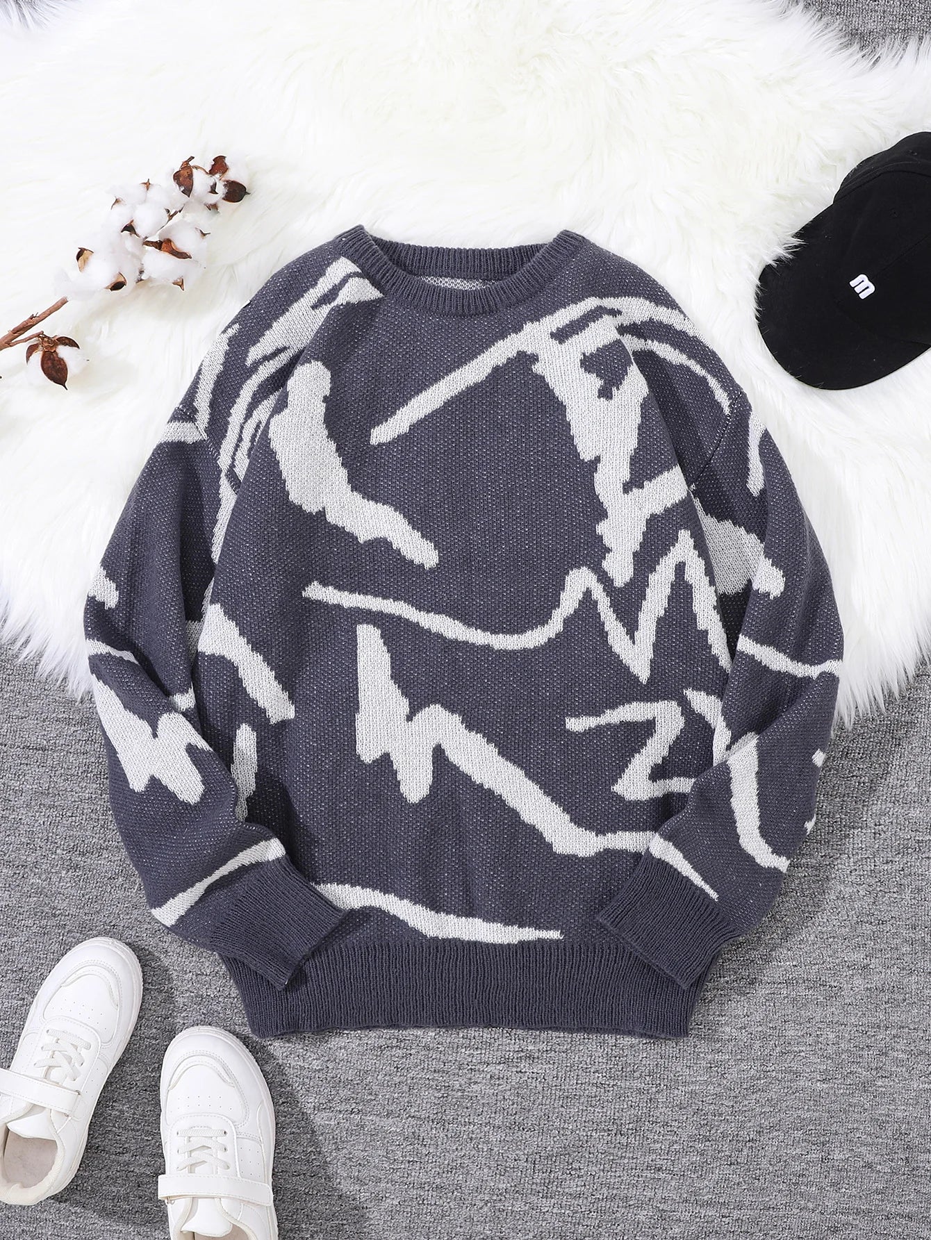 Spring Autumn Graffiti Jacquard Pattern Pullover Sweater Casual Round Neck Contrast Color Knitted Pullover