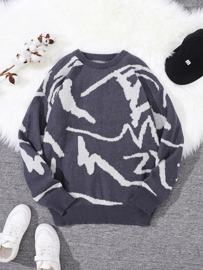 Spring Autumn Graffiti Jacquard Pattern Pullover Sweater Casual Round Neck Contrast Color Knitted Pullover