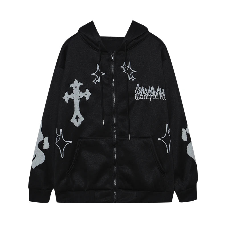 European and American Autumn/Winter Hoodie Embroidered Cross Flame Coat Plush Couple Loose Top Sweater