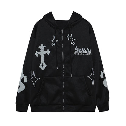 European and American Autumn/Winter Hoodie Embroidered Cross Flame Coat Plush Couple Loose Top Sweater