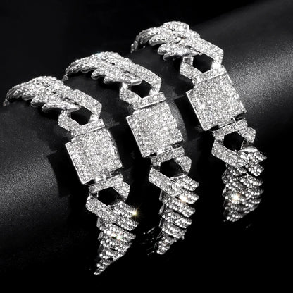 7/8/9inch 14MM Cuban Link Chain Bracelets Women Men Rhinestone Paved Prong Cuban Chain Bracelet Wristband Hip Hop Jewelry