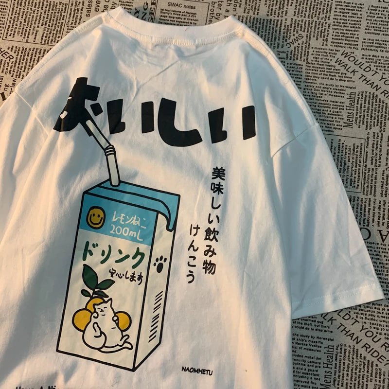Cute Japanese Cat Print Oversized T-shirt men Women Short Sleeve Loose Casual Tee Shirt Streetwear Tops Cotton Harajuku Clothing