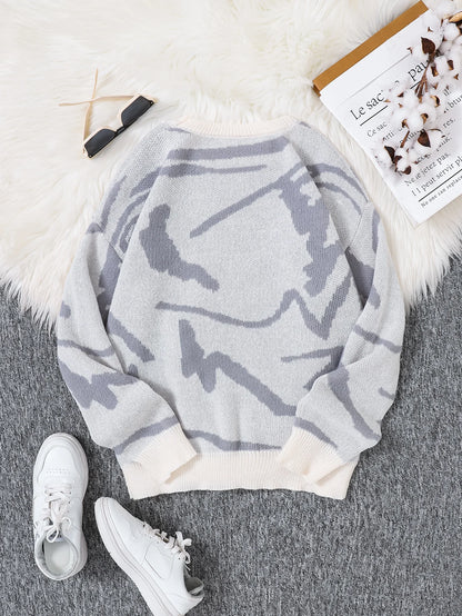 Spring Autumn Graffiti Jacquard Pattern Pullover Sweater Casual Round Neck Contrast Color Knitted Pullover
