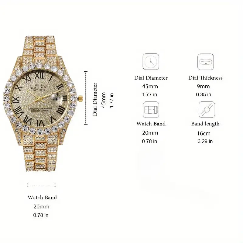 3pcs Necklace+Bracelet+Watch Cuban Chain Watch for Men Hip Hop Miami Curb Iced Out Paved Rhinestone Rapper Cuban men Jewelry set