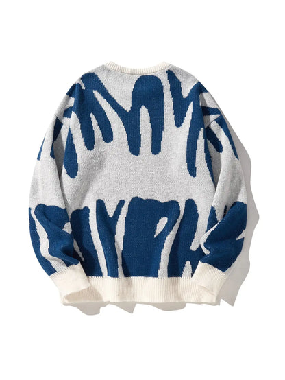 Autumn Winter Irregular Jacquard Pattern Pullover Sweater Casual Round Neck Contrast Color Knitted Pullover