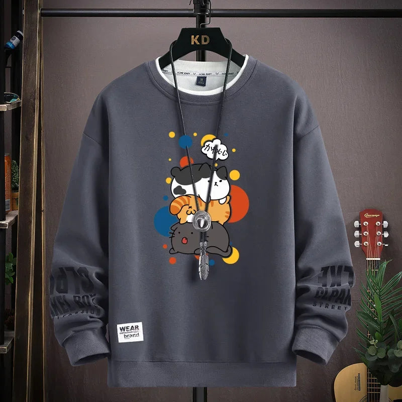 Spring Men's Sweatshirt Japan Cartoon Cats Printed Long Sleeve T-shirt Fashion Men's Clothing Khaki O Neck Harajuku Top