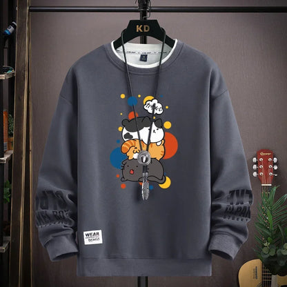 Spring Men's Sweatshirt Japan Cartoon Cats Printed Long Sleeve T-shirt Fashion Men's Clothing Khaki O Neck Harajuku Top