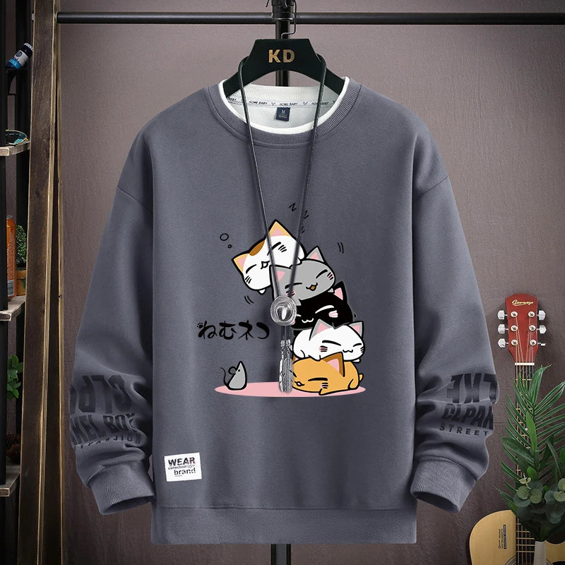 Spring Men's Sweatshirt Japan Cartoon Cats Printed Long Sleeve T-shirt Fashion Men's Clothing Khaki O Neck Harajuku Top