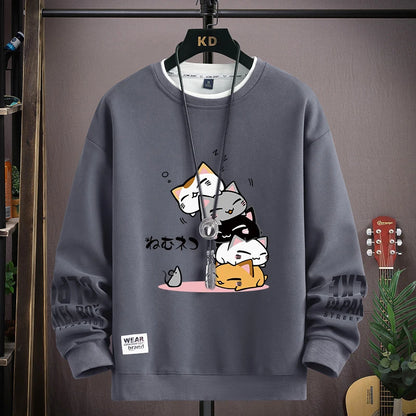 Spring Men's Sweatshirt Japan Cartoon Cats Printed Long Sleeve T-shirt Fashion Men's Clothing Khaki O Neck Harajuku Top