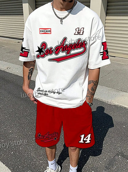 LOSANGLES NO.23 Print Men'S Summer Casual Short Sleeve T-Shirt Shorts Set Adult Basketball JoggingOversized 2 Piece Set Clothes