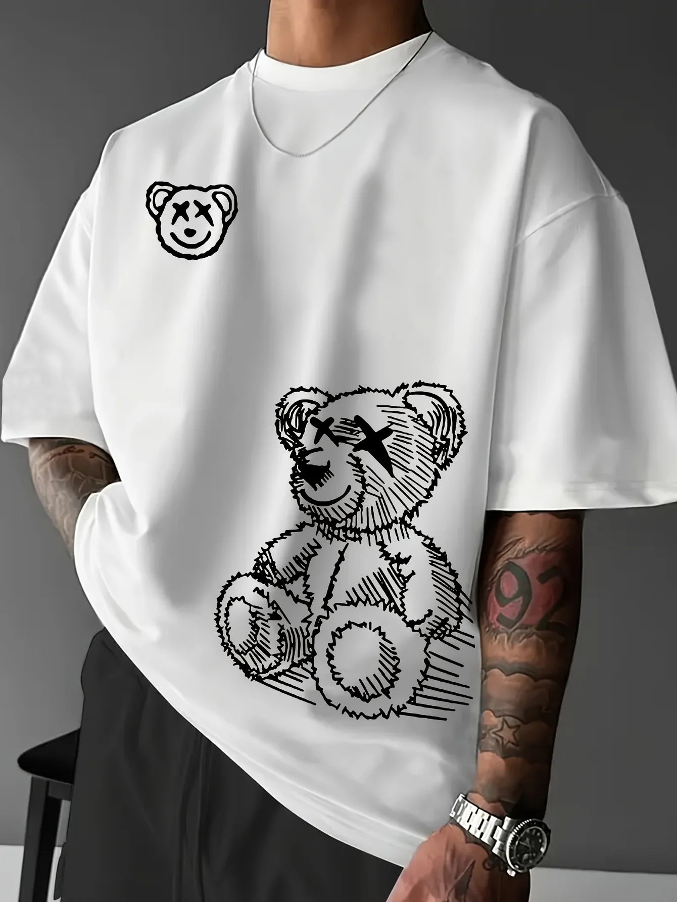 men's 100% pure cotton casual sports loose and fashionable cartoon bear pattern short sleeved T-shirt