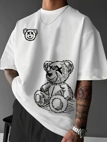 men's 100% pure cotton casual sports loose and fashionable cartoon bear pattern short sleeved T-shirt