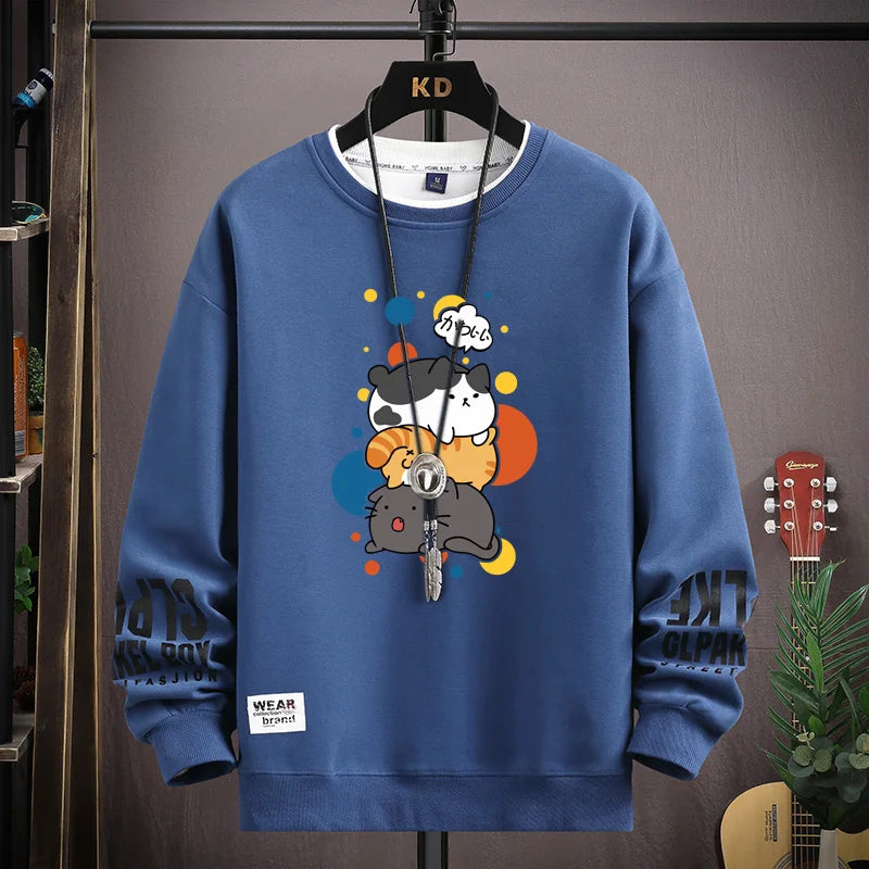 Spring Men's Sweatshirt Japan Cartoon Cats Printed Long Sleeve T-shirt Fashion Men's Clothing Khaki O Neck Harajuku Top