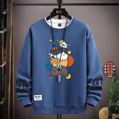 Spring Men's Sweatshirt Japan Cartoon Cats Printed Long Sleeve T-shirt Fashion Men's Clothing Khaki O Neck Harajuku Top