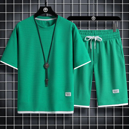 Summer Men's Waffle Sets Casual T-Shirt And Shorts Set Male Sports Suit Solid Color Tracksuit Loose Suits