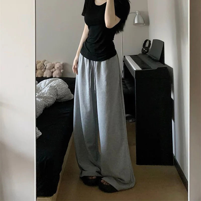 Harajuku Wide Leg Sweatpants for Women Elastic Waist Casual Sport Pants Woman Streetwear Gray Oversize Sportswear Female