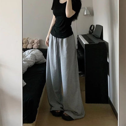 Harajuku Wide Leg Sweatpants for Women Elastic Waist Casual Sport Pants Woman Streetwear Gray Oversize Sportswear Female