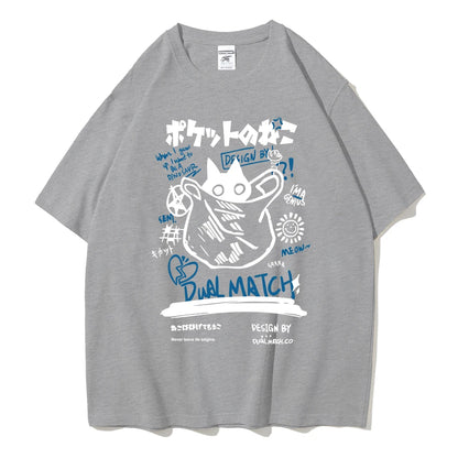 Men Women Cartoon T-Shirts Summer Harajuku Kawaii Cat Printed Short Sleeve Tees Couple Streetwear Loose Clothes Y2K Tops