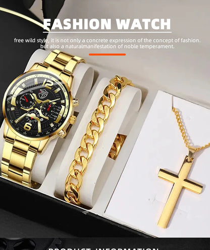 5PCS Set DEYROS Fashion Mens Calendar Watches Men Business Stainless Steel Quartz Wristwatch Male Casual Necklace Bracelet Watch