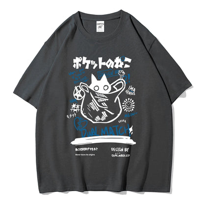 Men Women Cartoon T-Shirts Summer Harajuku Kawaii Cat Printed Short Sleeve Tees Couple Streetwear Loose Clothes Y2K Tops