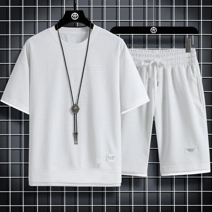 Summer Men's Waffle Sets Casual T-Shirt And Shorts Set Male Sports Suit Solid Color Tracksuit Loose Suits