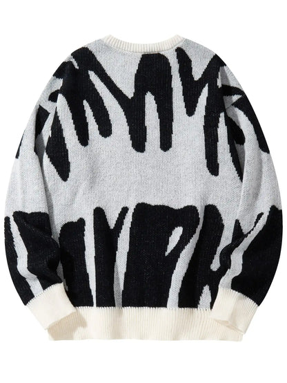 Autumn Winter Irregular Jacquard Pattern Pullover Sweater Casual Round Neck Contrast Color Knitted Pullover