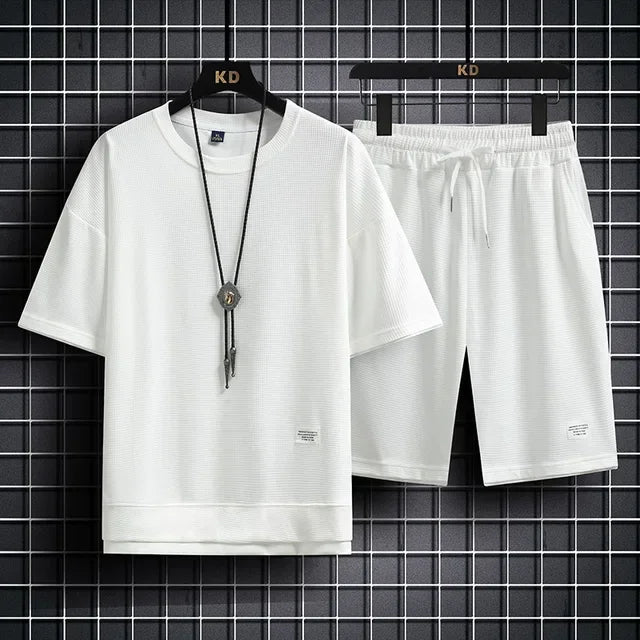 Men's Summer Waffle Set Brand Fashion Casual T-shirt+Shorts Set Men's Sports Set Loose ComfortableSlow RunningQuick Dr