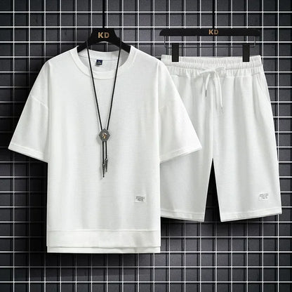 Men's Summer Waffle Set Brand Fashion Casual T-shirt+Shorts Set Men's Sports Set Loose ComfortableSlow RunningQuick Dr