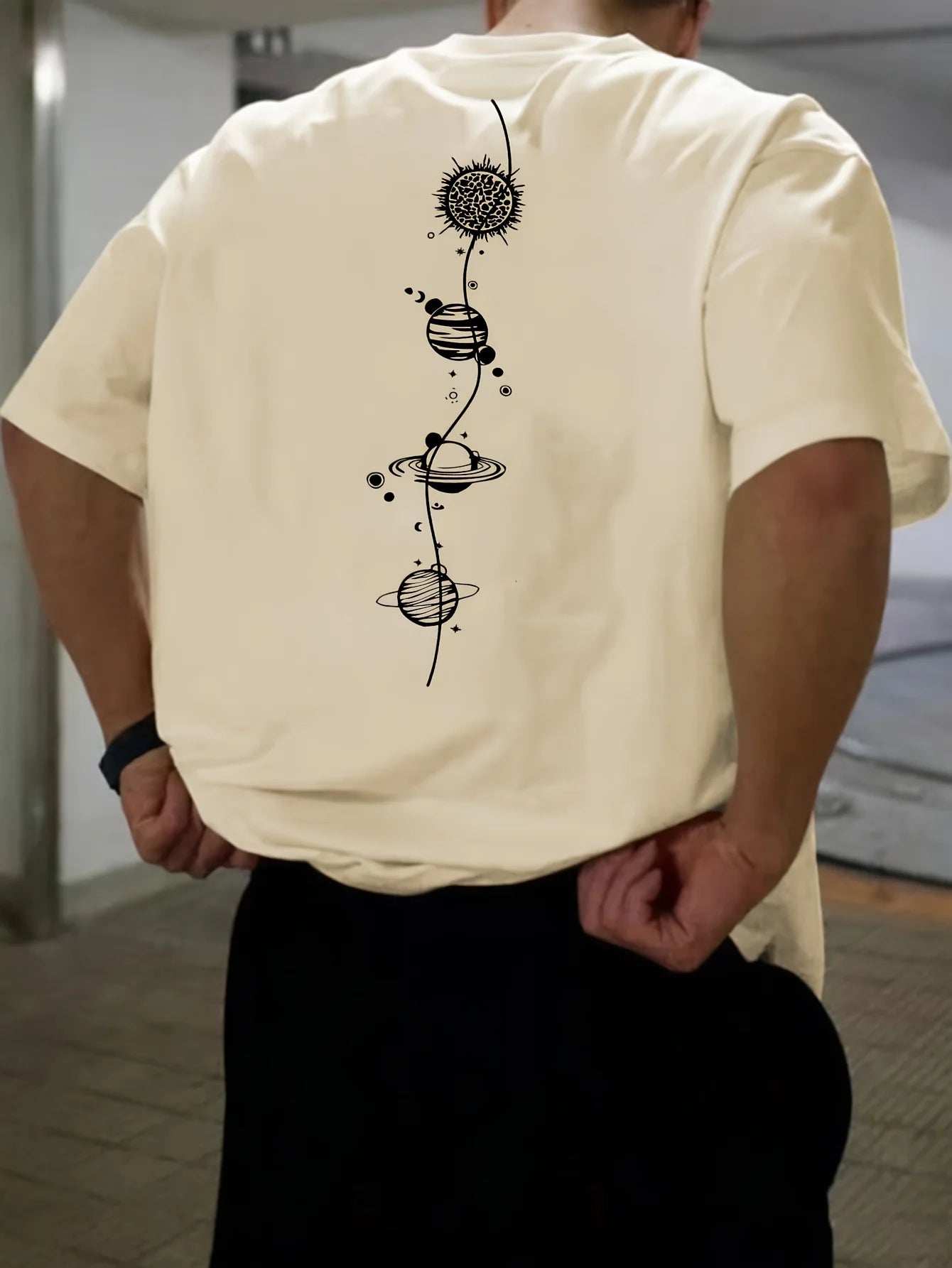 Men's 100% pure cotton summer loose size Planet Graphic Design print casual comfortable round neck short sleeved T-shirt top